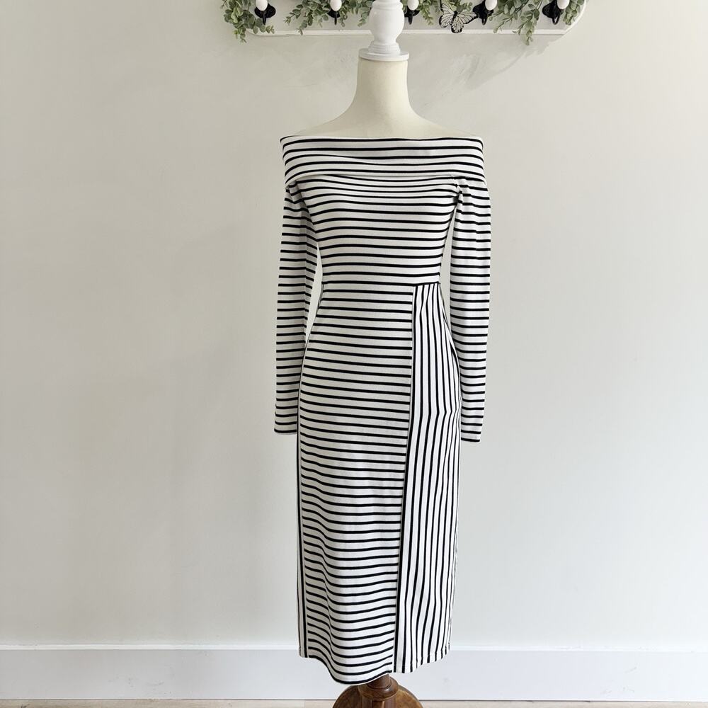Derek Lam off the shoulder striped fitted midi Dress Size M Corp Quiet Luxury